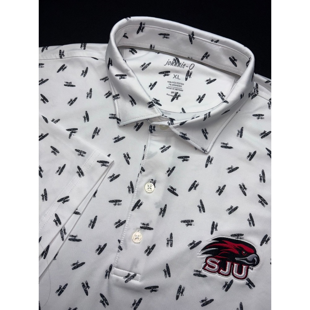 Johnnie-O Exeter SJU Hawks Polo Shirt Mens XL White Print UPF 50 Stretch UPF